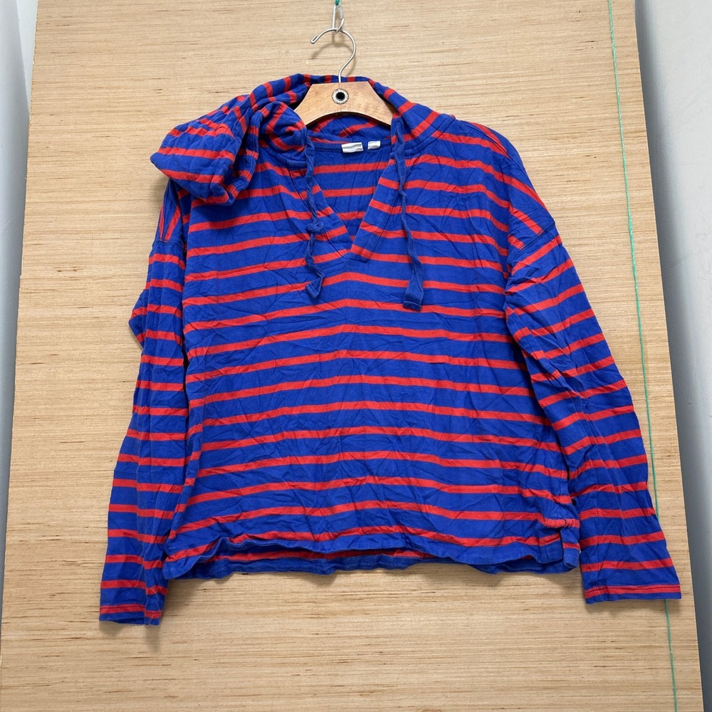Gap Womens Blue Red Striped Hooded Long Sleeve Pullover V-Neck Top Small